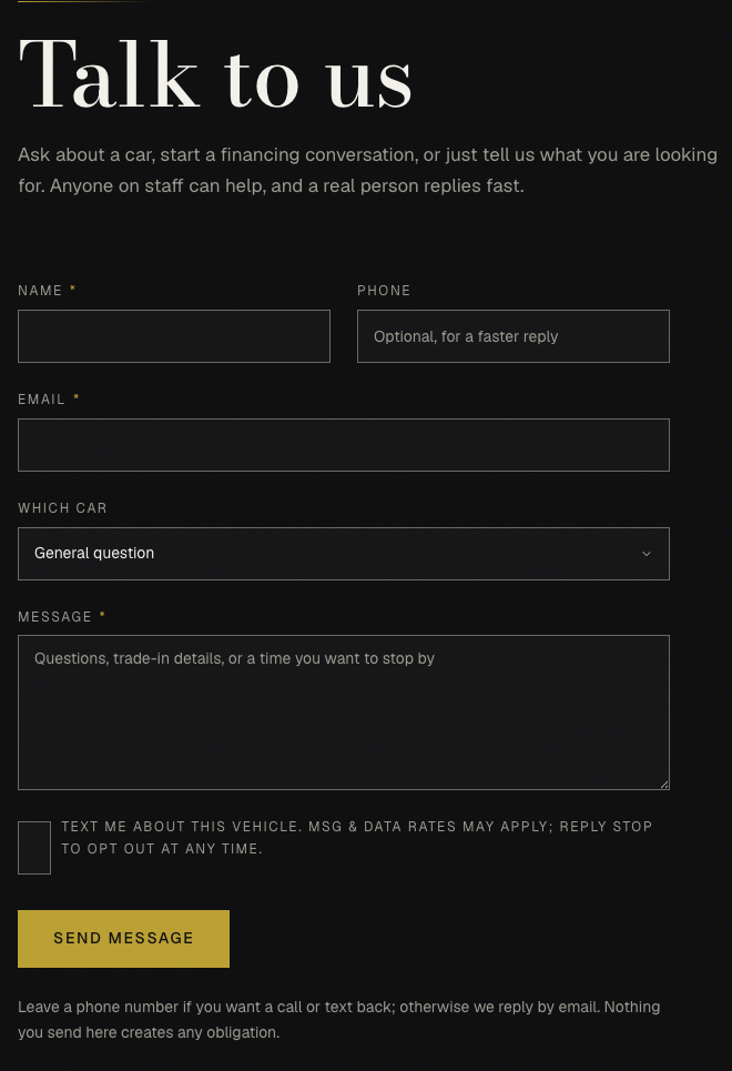 The Masari Motors contact form at masarimotors.com/contact, showing the optional phone field and the unchecked SMS consent checkbox with its disclosure text above the Send Message button